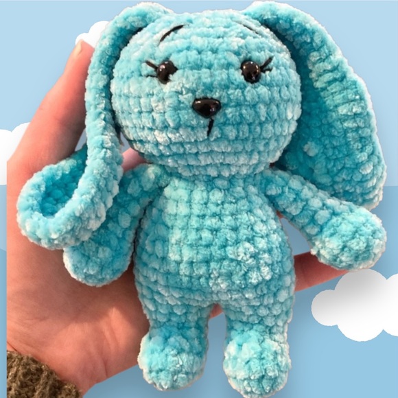 Hand Crafted crochet worried bunny rabbit chenille stuffed animal color AQUA - Picture 1 of 7